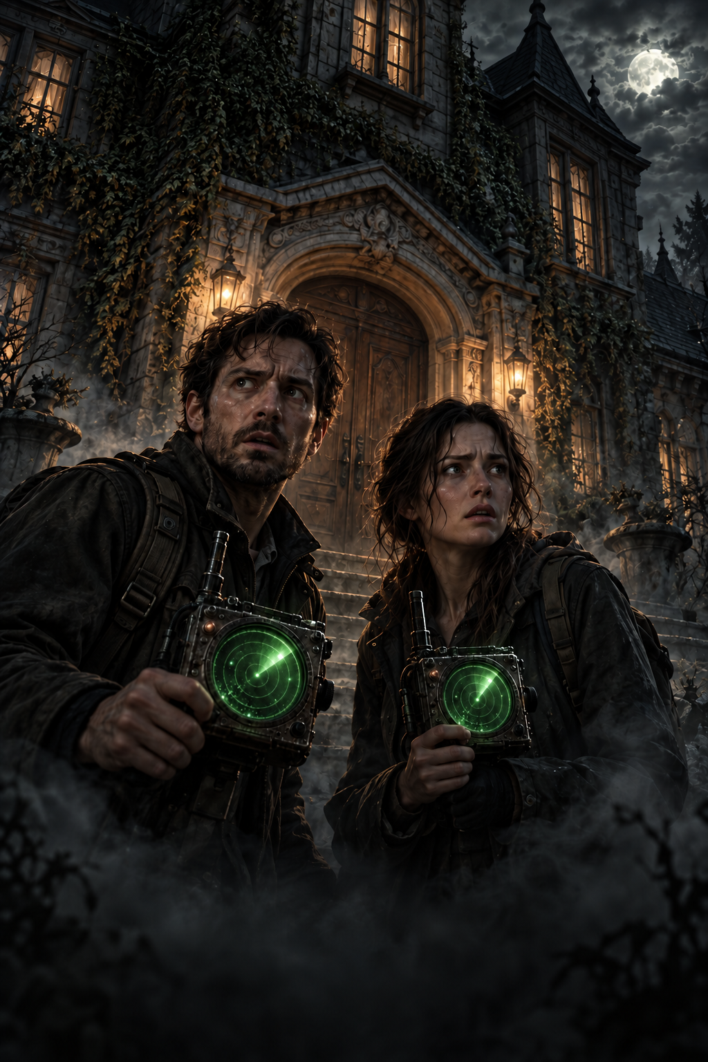 Jack and Emma with spectral detectors outside a haunted house